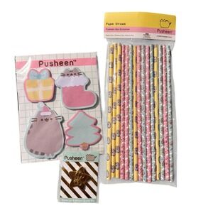 Pusheen Box Exclusive Bundle 2018 Gold Pin Paper Straws Holiday Sticky Notes NEW